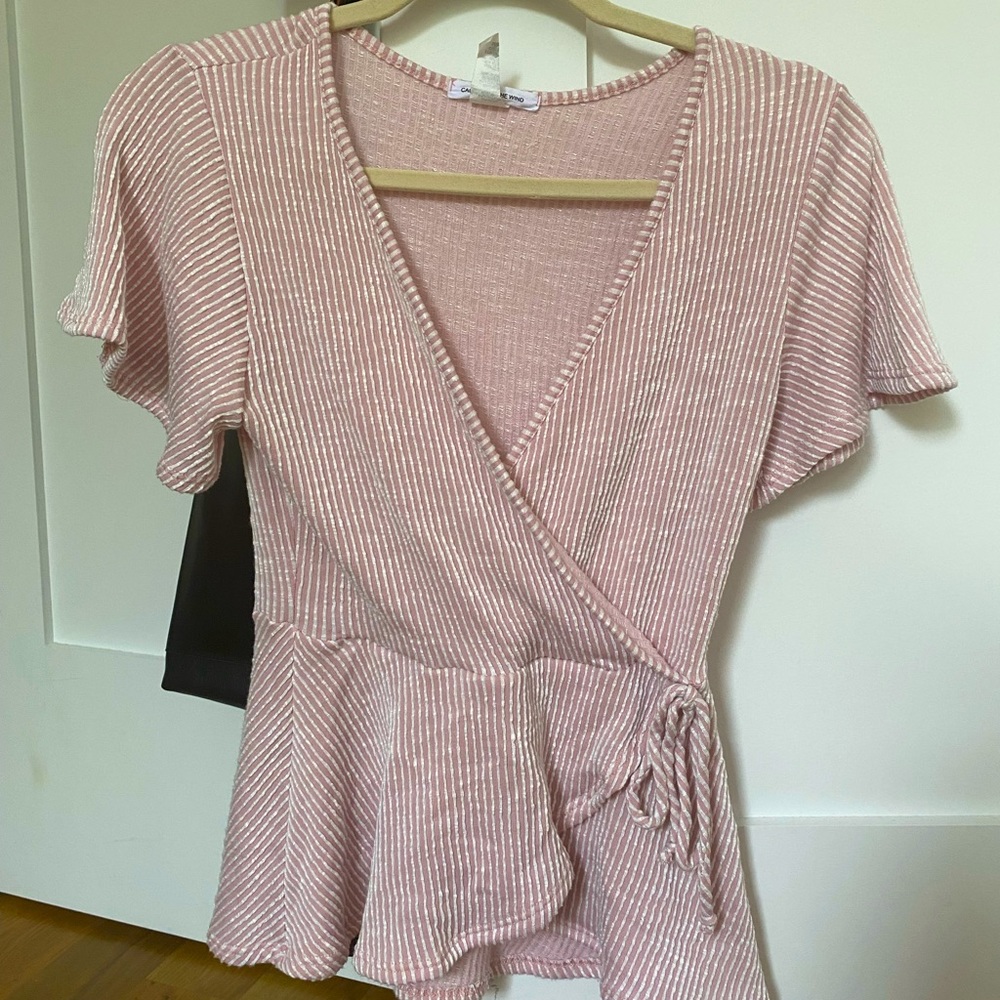 *Like New* Pink + White Striped Wrap Top